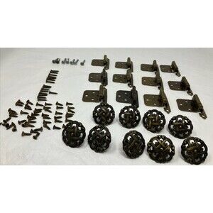 VTG Brass Hardware Lot 9 Basket Weave Drawer Knobs Pulls 12 Japan Hinges Screws